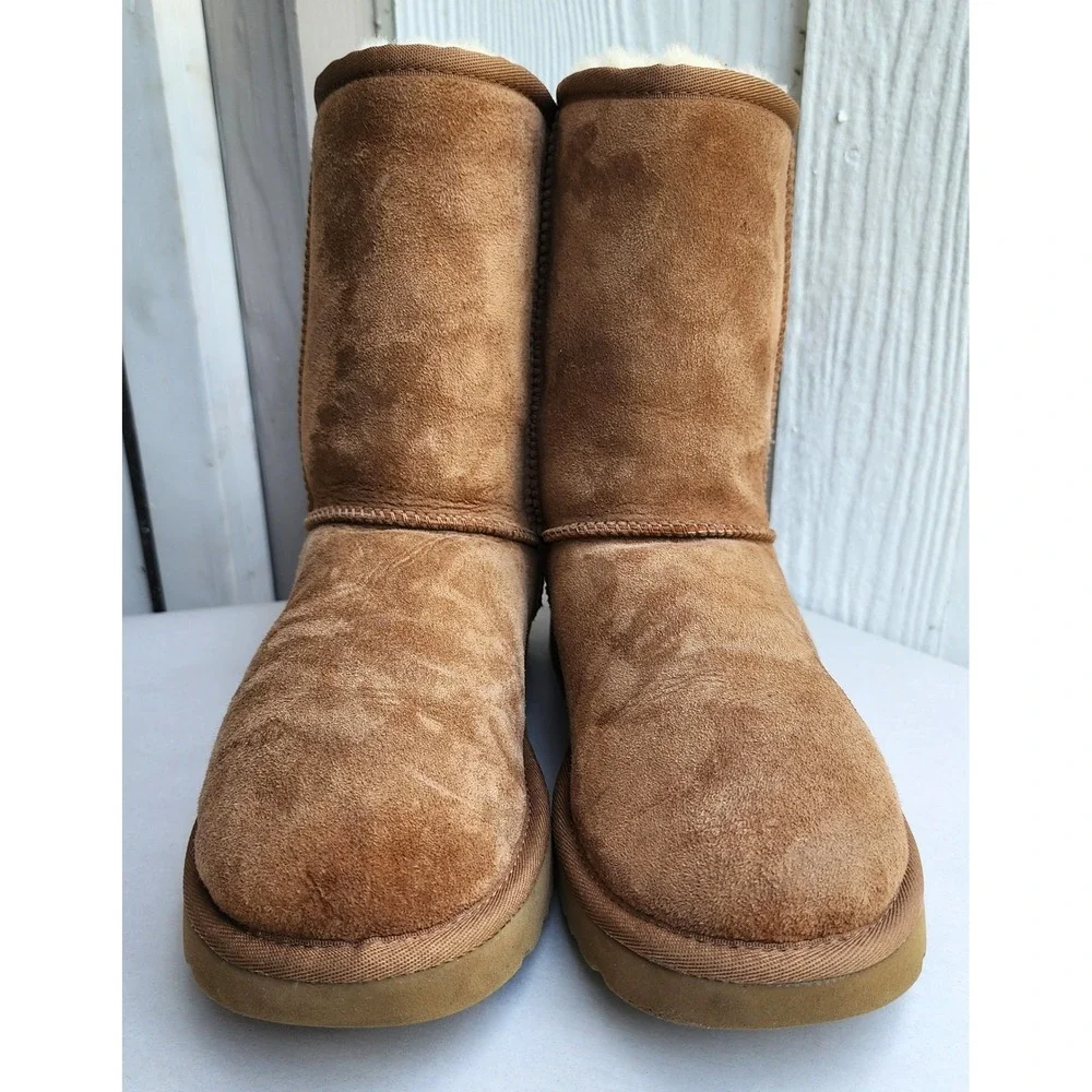 UGG Sz 7 Y2K Chestnut Suede Classic Short Boots Mid Calf Pull On Early 2000s